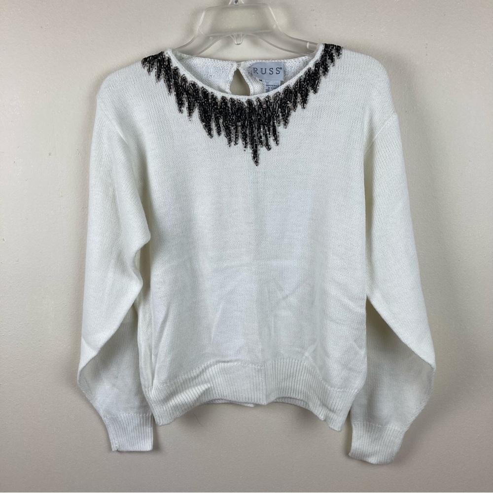 Vintage White Sweater with beaded neckline size medium